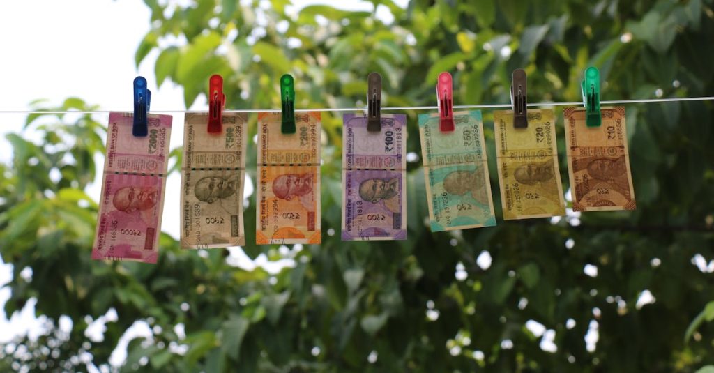 Colorful Indian rupee banknotes pinned and hanging on a clothesline against a green leafy backdrop.